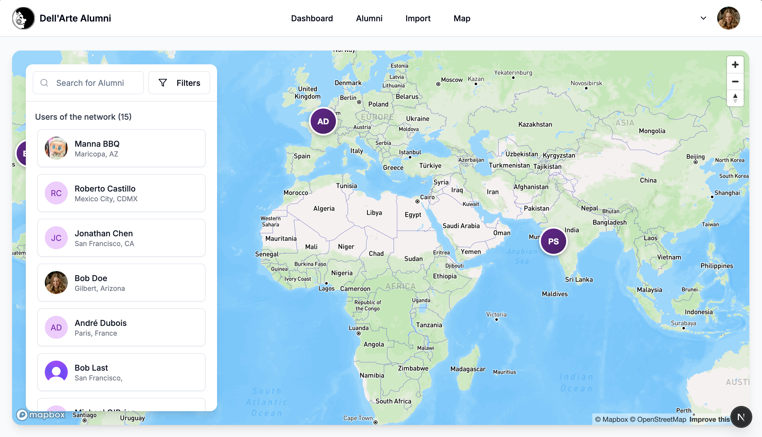 Dell'Arte Alumni Platform — interactive world map with alumni search and filtering